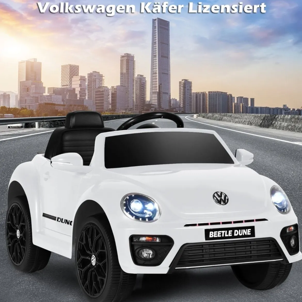 VW Beetle Kinderauto mit Musik & 2 Beleuchtungsmodi inkl. 2,4G Fernbedienung Weiß