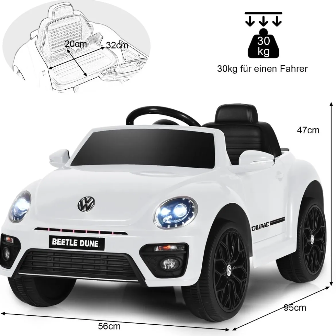 VW Beetle Kinderauto mit Musik & 2 Beleuchtungsmodi inkl. 2,4G Fernbedienung Weiß