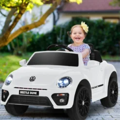 VW Beetle Kinderauto mit Musik & 2 Beleuchtungsmodi inkl. 2,4G Fernbedienung Weiß
