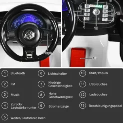 VW Beetle Kinderauto mit Musik & 2 Beleuchtungsmodi inkl. 2,4G Fernbedienung Weiß
