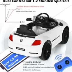 VW Beetle Kinderauto mit Musik & 2 Beleuchtungsmodi inkl. 2,4G Fernbedienung Weiß