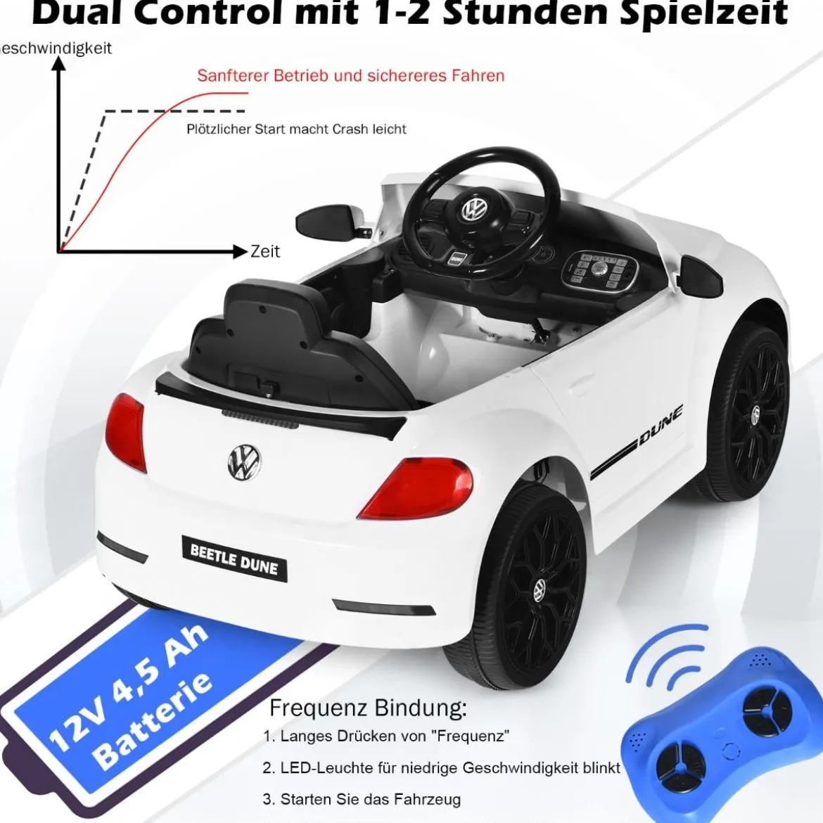 VW Beetle Kinderauto mit Musik & 2 Beleuchtungsmodi inkl. 2,4G Fernbedienung Weiß