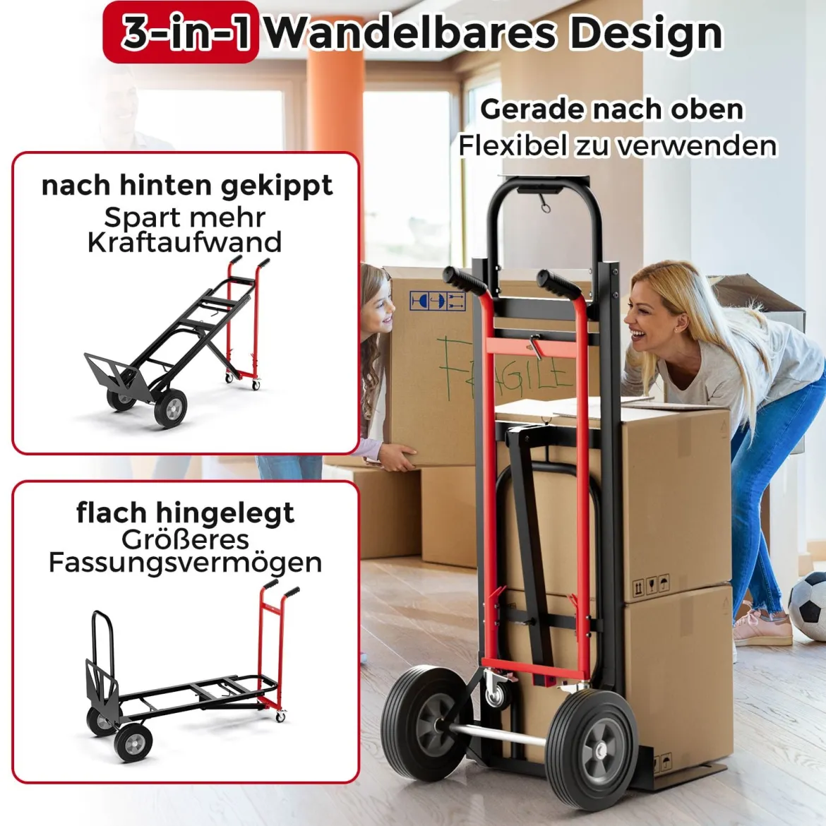 Wandelbarer Handwagen 3-in-1 Metall-Transportwagen mit 4 Gummireifen 450 KG Maximale Traglast Schwarz + Rot