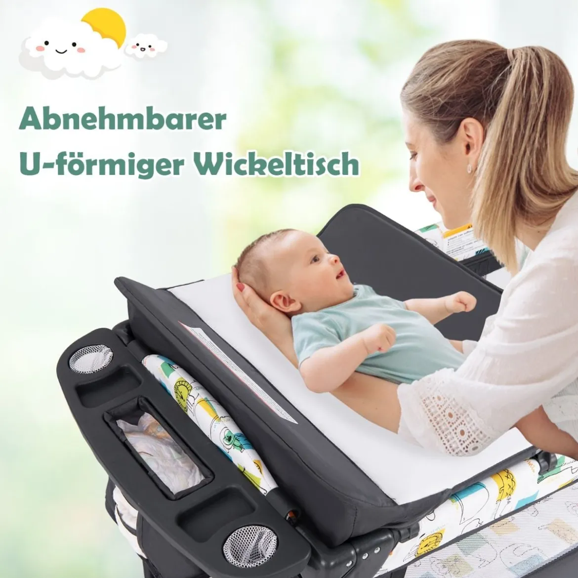Wandelbares 5-in-1-Babybett mit Wickeltisch & Aufbewahrungstasche Grau