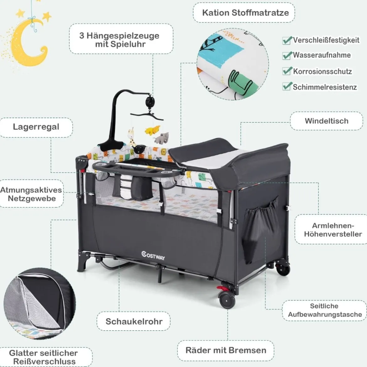 Wandelbares 5-in-1-Babybett mit Wickeltisch & Aufbewahrungstasche Grau