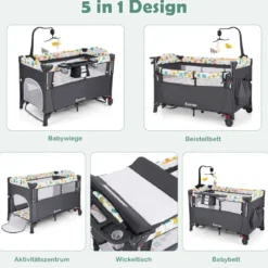 Wandelbares 5-in-1-Babybett mit Wickeltisch & Aufbewahrungstasche Grau