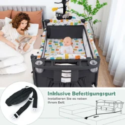 Wandelbares 5-in-1-Babybett mit Wickeltisch & Aufbewahrungstasche Grau