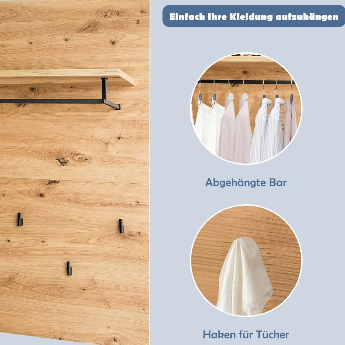 Wandgarderobe Holz Wandregal mit Ablage 5 Kleiderhaken Kleiderstange 105,9 x 80,1 x 27,6 cm