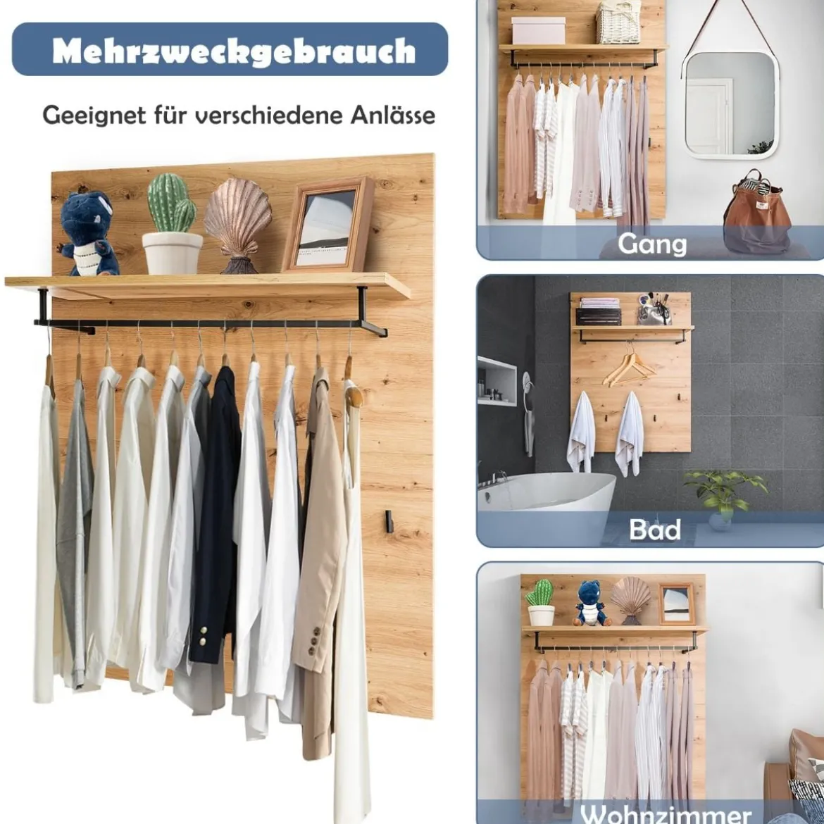 Wandgarderobe Holz Wandregal mit Ablage 5 Kleiderhaken Kleiderstange 105,9 x 80,1 x 27,6 cm