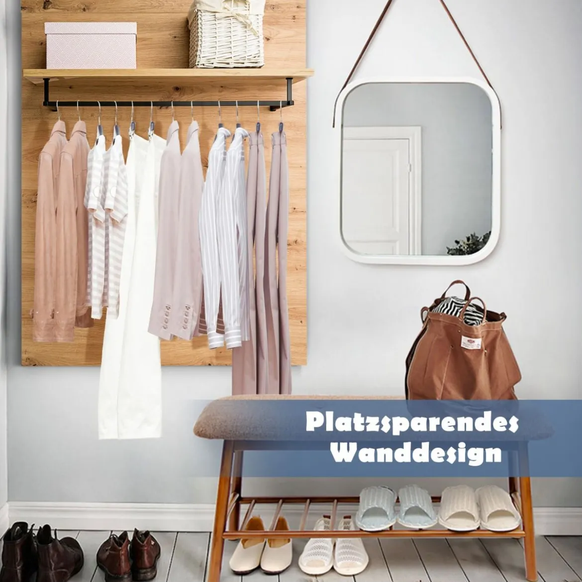 Wandgarderobe Holz Wandregal mit Ablage 5 Kleiderhaken Kleiderstange 105,9 x 80,1 x 27,6 cm