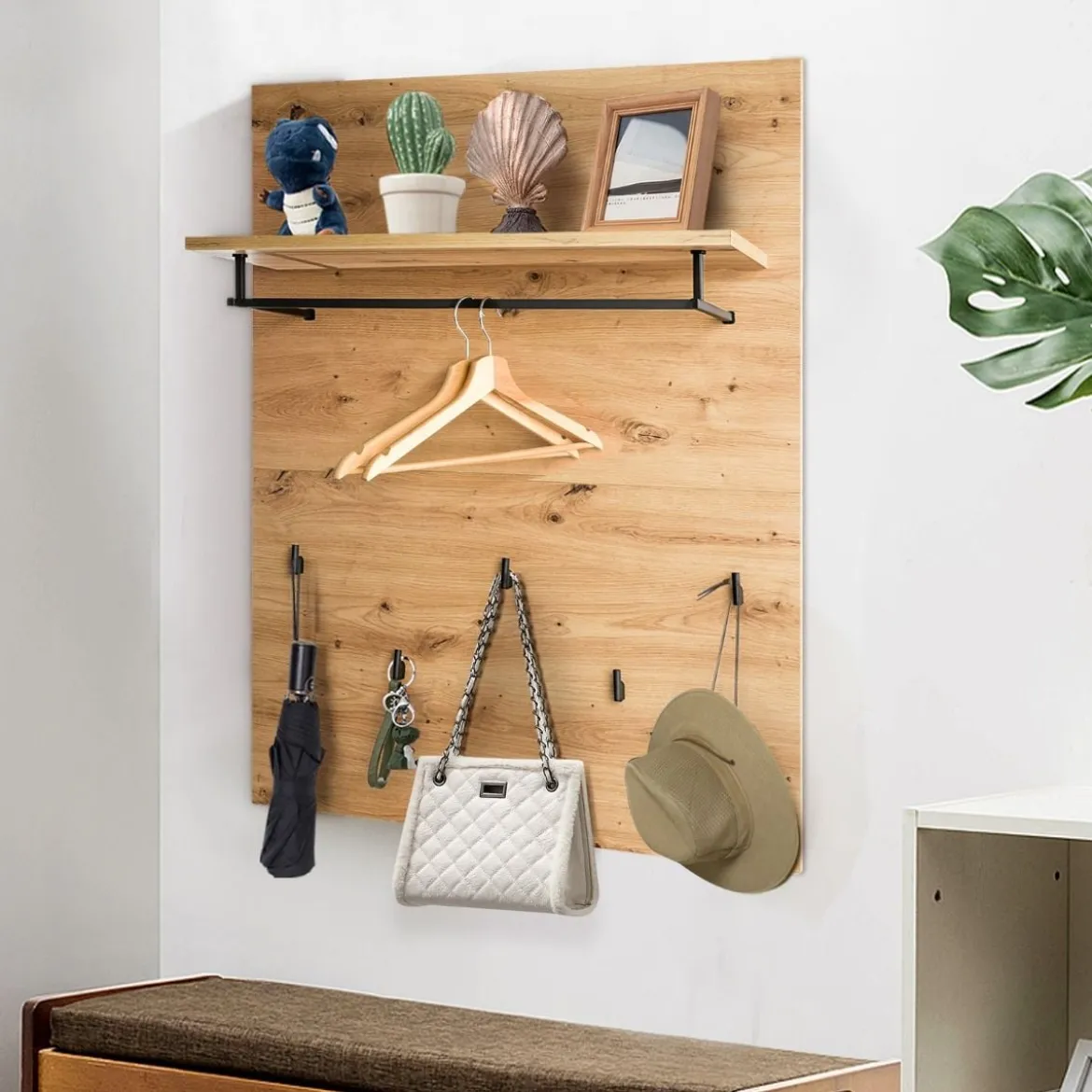 Wandgarderobe Holz Wandregal mit Ablage 5 Kleiderhaken Kleiderstange 105,9 x 80,1 x 27,6 cm
