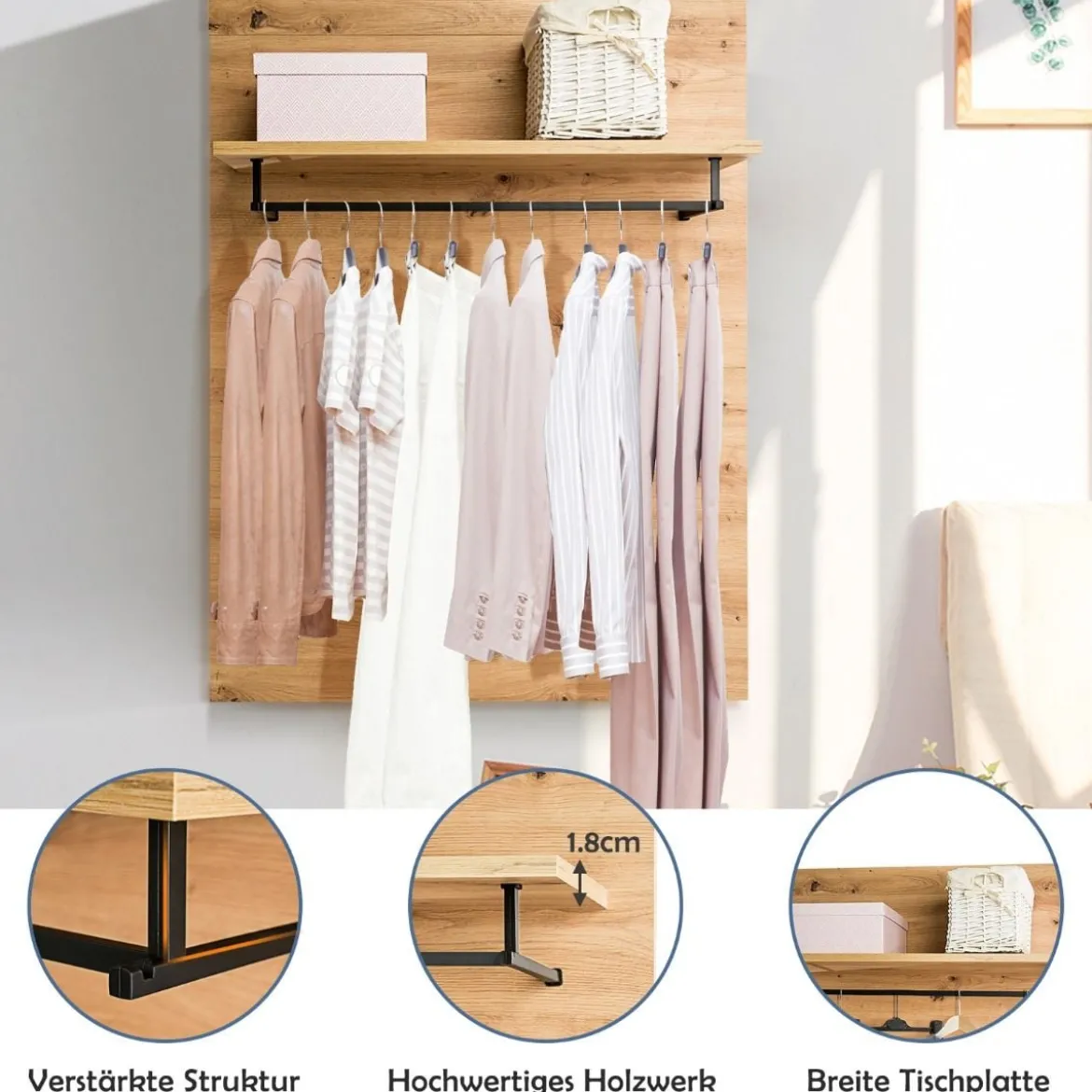 Wandgarderobe Holz Wandregal mit Ablage 5 Kleiderhaken Kleiderstange 105,9 x 80,1 x 27,6 cm
