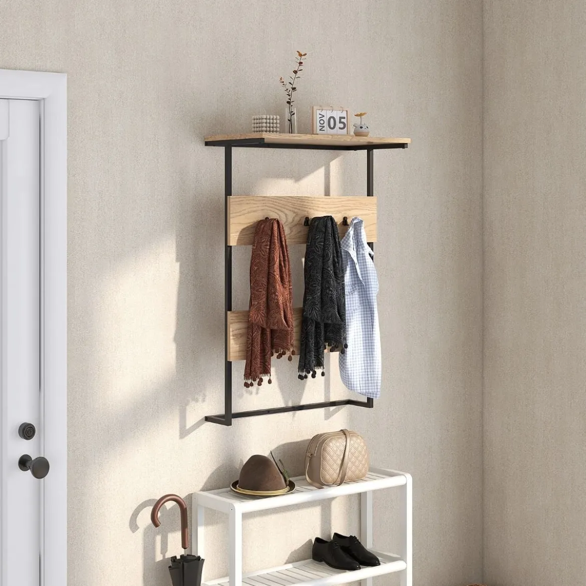 Wandgarderobe mit Ablage & 6 Haken Wandregal Industrielle Garderobenleiste Kleiderstange