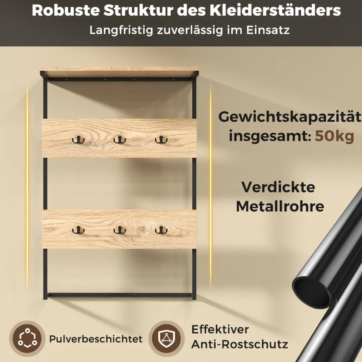 Wandgarderobe mit Ablage & 6 Haken Wandregal Industrielle Garderobenleiste Kleiderstange