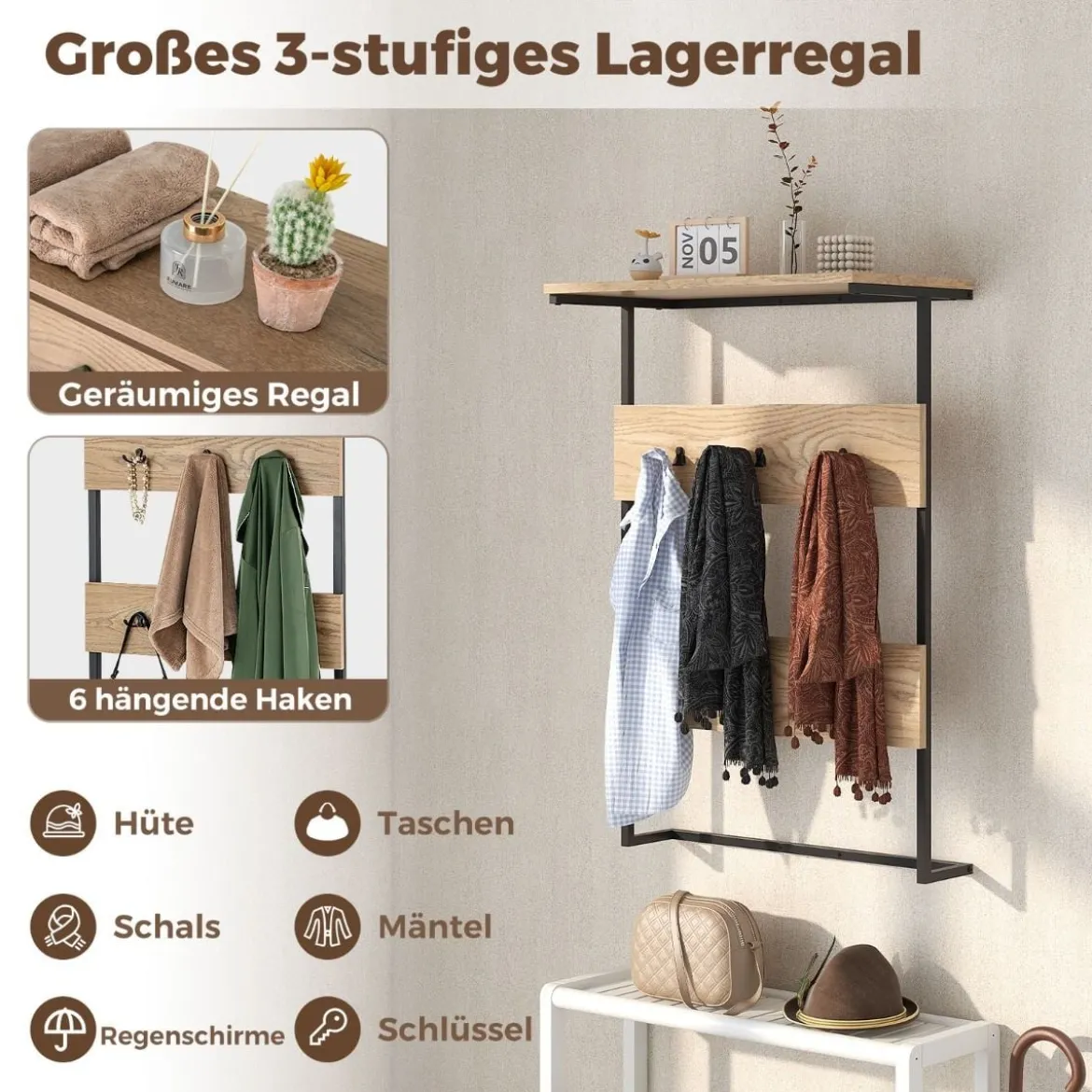 Wandgarderobe mit Ablage & 6 Haken Wandregal Industrielle Garderobenleiste Kleiderstange