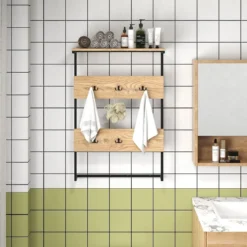 Wandgarderobe mit Ablage & 6 Haken Wandregal Industrielle Garderobenleiste Kleiderstange