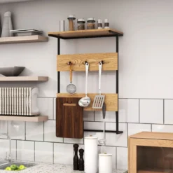 Wandgarderobe mit Ablage & 6 Haken Wandregal Industrielle Garderobenleiste Kleiderstange