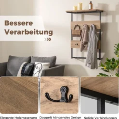 Wandgarderobe mit Ablage & 6 Haken Wandregal Industrielle Garderobenleiste Kleiderstange