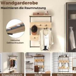 Wandgarderobe mit Ablage & 6 Haken Wandregal Industrielle Garderobenleiste Kleiderstange