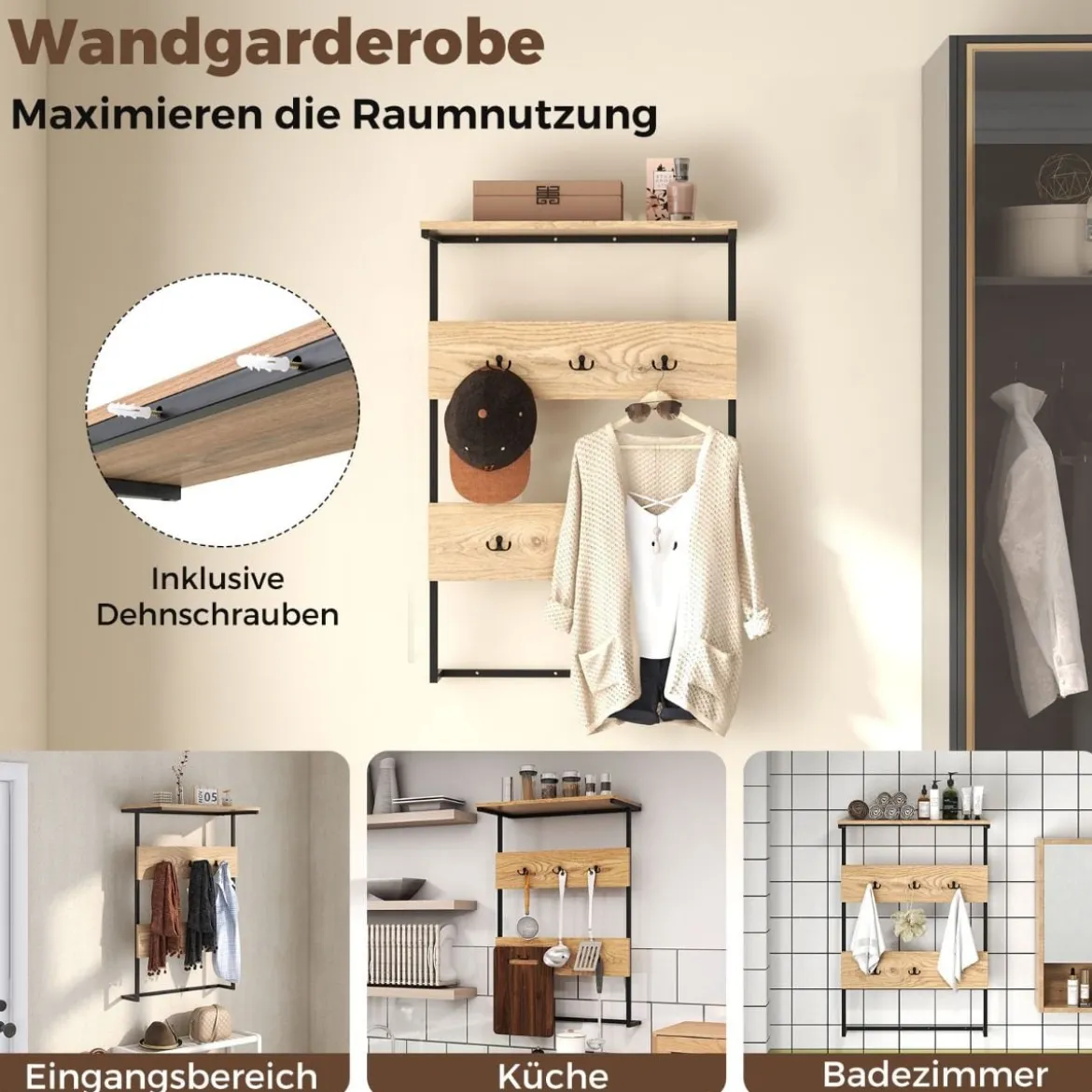 Wandgarderobe mit Ablage & 6 Haken Wandregal Industrielle Garderobenleiste Kleiderstange
