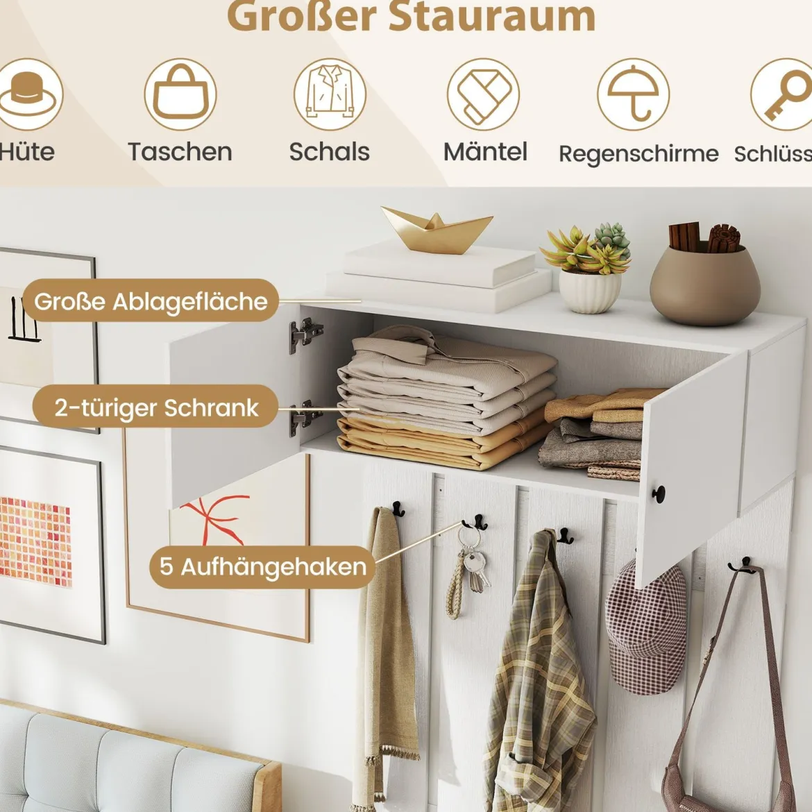 Wandgarderobe mit 5 Doppelhaken & 2-türigem Schrank Wandmontierter Garderobenpaneel Weiß