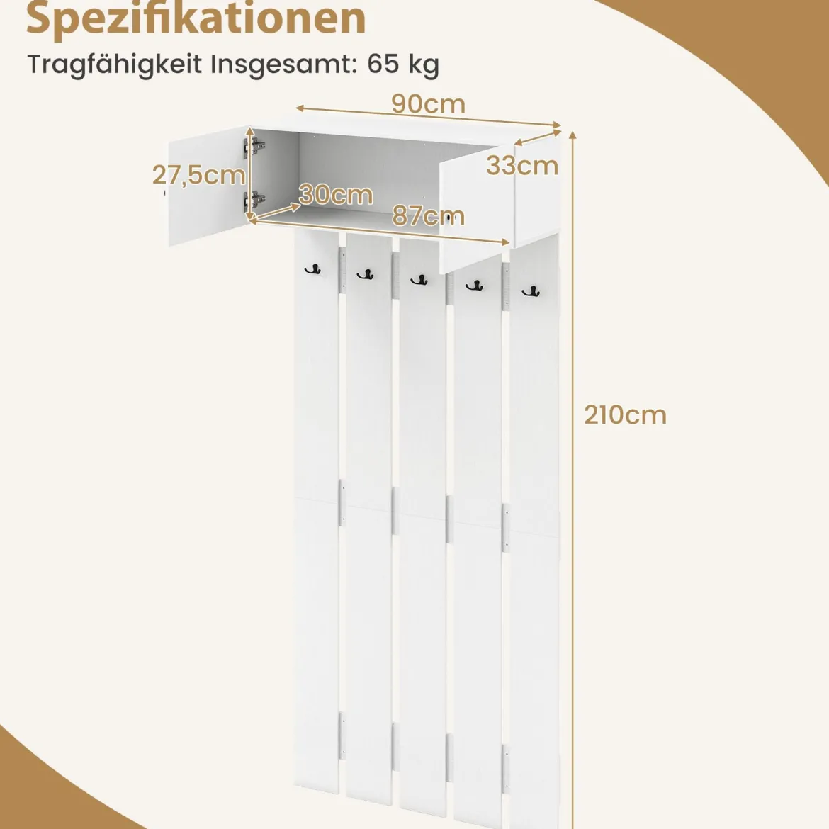 Wandgarderobe mit 5 Doppelhaken & 2-türigem Schrank Wandmontierter Garderobenpaneel Weiß