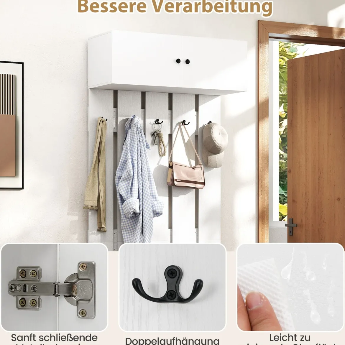 Wandgarderobe mit 5 Doppelhaken & 2-türigem Schrank Wandmontierter Garderobenpaneel Weiß
