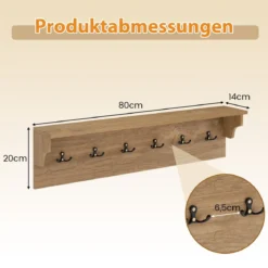 Wandhaken mit Ablage & 6 Haken Holz Garderobe Wandregal für Hüte Handtücher Taschen Natur