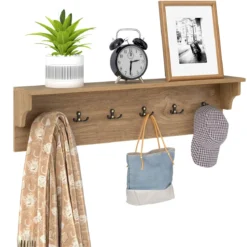 Wandhaken mit Ablage & 6 Haken Holz Garderobe Wandregal für Hüte Handtücher Taschen Natur