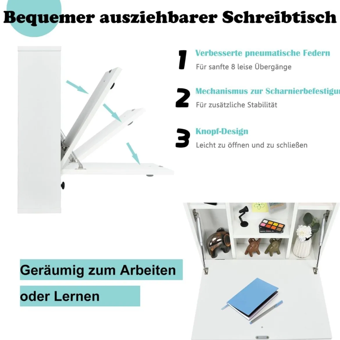 Wandklapptisch mit Ablagefächern & Schublade Klapptisch für Kleine Räume Weiß