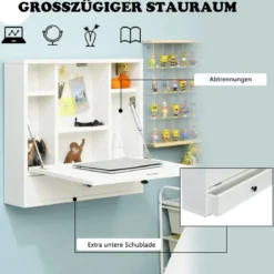 Wandklapptisch mit Ablagefächern & Schublade Klapptisch für Kleine Räume Weiß