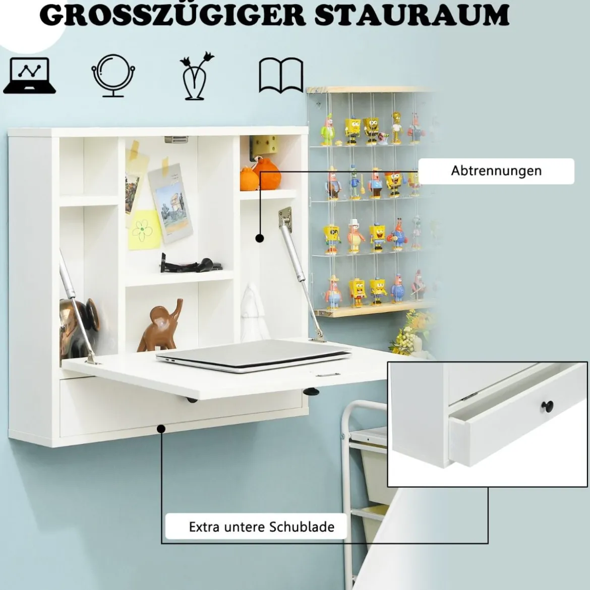Wandklapptisch mit Ablagefächern & Schublade Klapptisch für Kleine Räume Weiß