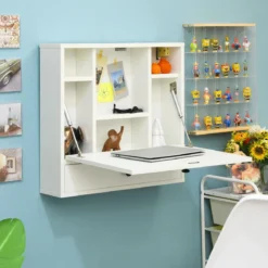 Wandklapptisch mit Ablagefächern & Schublade Klapptisch für Kleine Räume Weiß