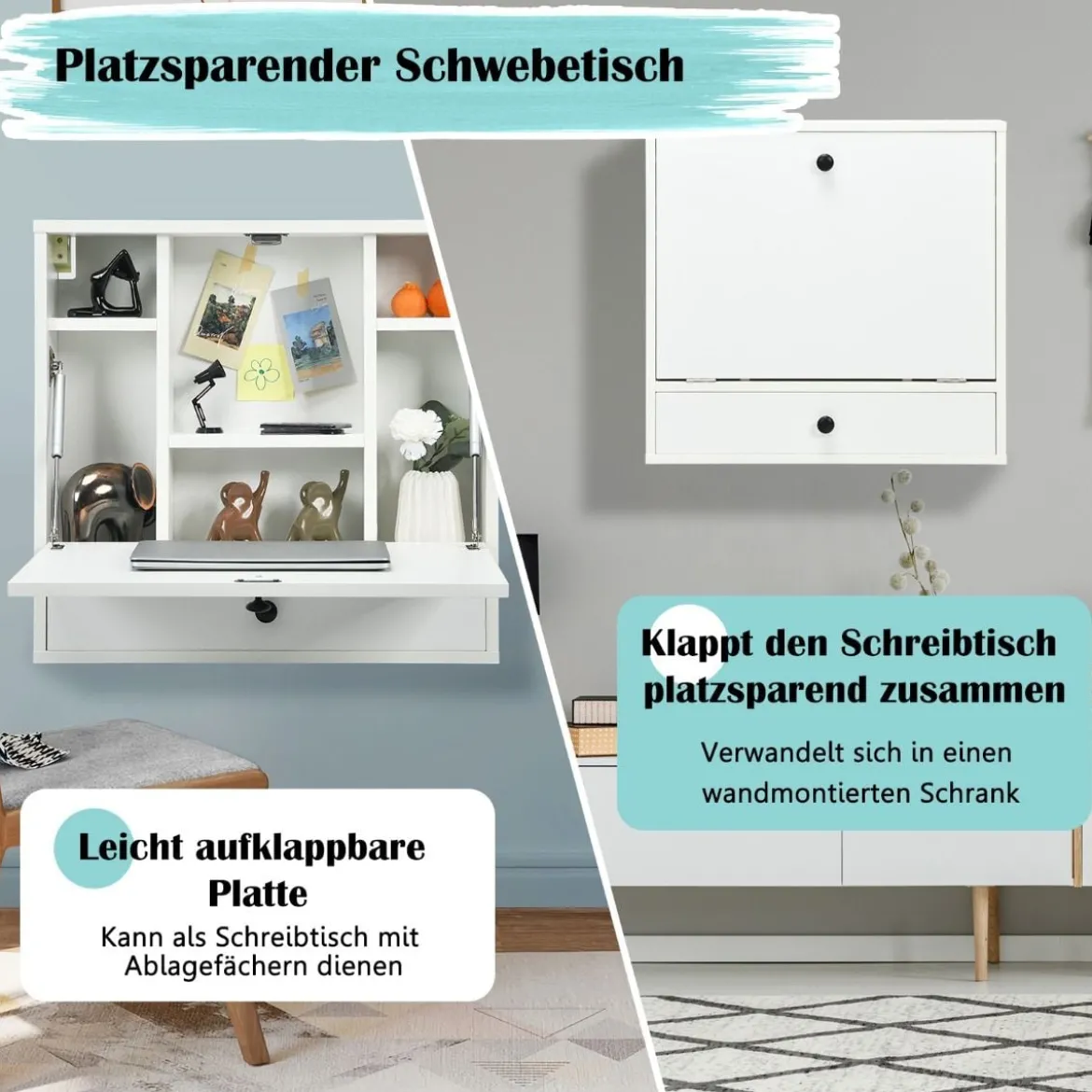 Wandklapptisch mit Ablagefächern & Schublade Klapptisch für Kleine Räume Weiß