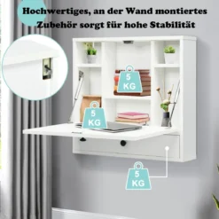 Wandklapptisch mit Ablagefächern & Schublade Klapptisch für Kleine Räume Weiß