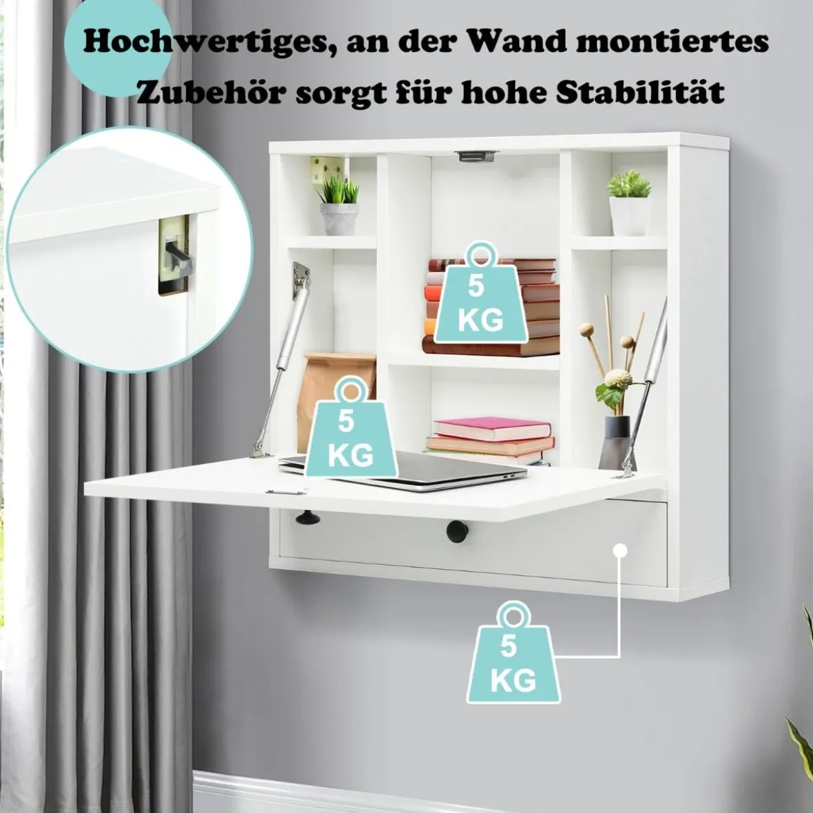 Wandklapptisch mit Ablagefächern & Schublade Klapptisch für Kleine Räume Weiß