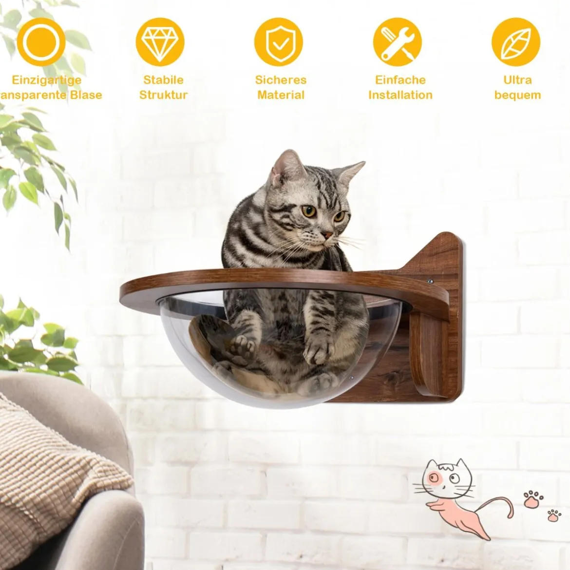 Wandliege Katzenliege Katzenbett Holz Katzen Korb transparent Katzenregal Wandmöbel Katzentreppe