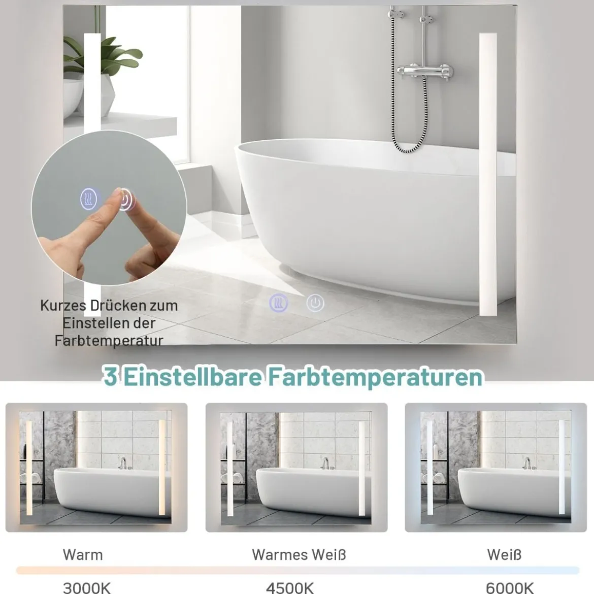 Wandmontierbarer LED-Spiegel mit stufenlos einstellbarer Helligkeit 80 x 60 cm
