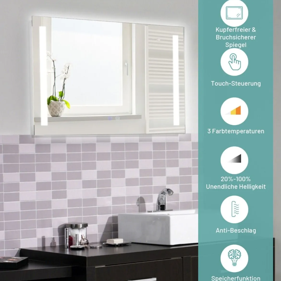 Wandmontierbarer LED-Spiegel mit stufenlos einstellbarer Helligkeit 80 x 60 cm
