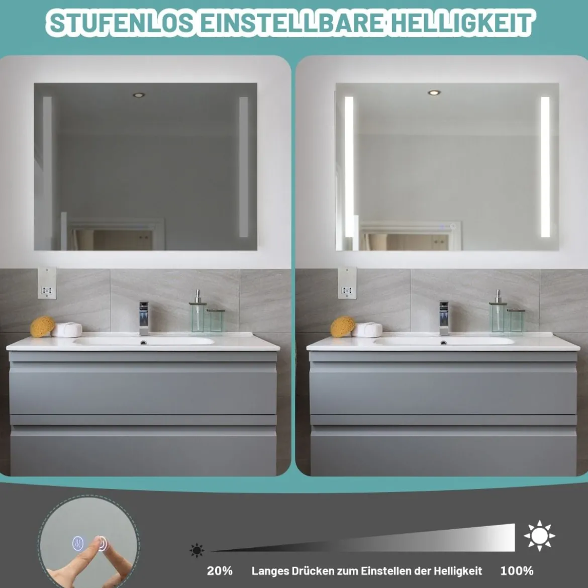 Wandmontierbarer LED-Spiegel mit stufenlos einstellbarer Helligkeit 80 x 60 cm