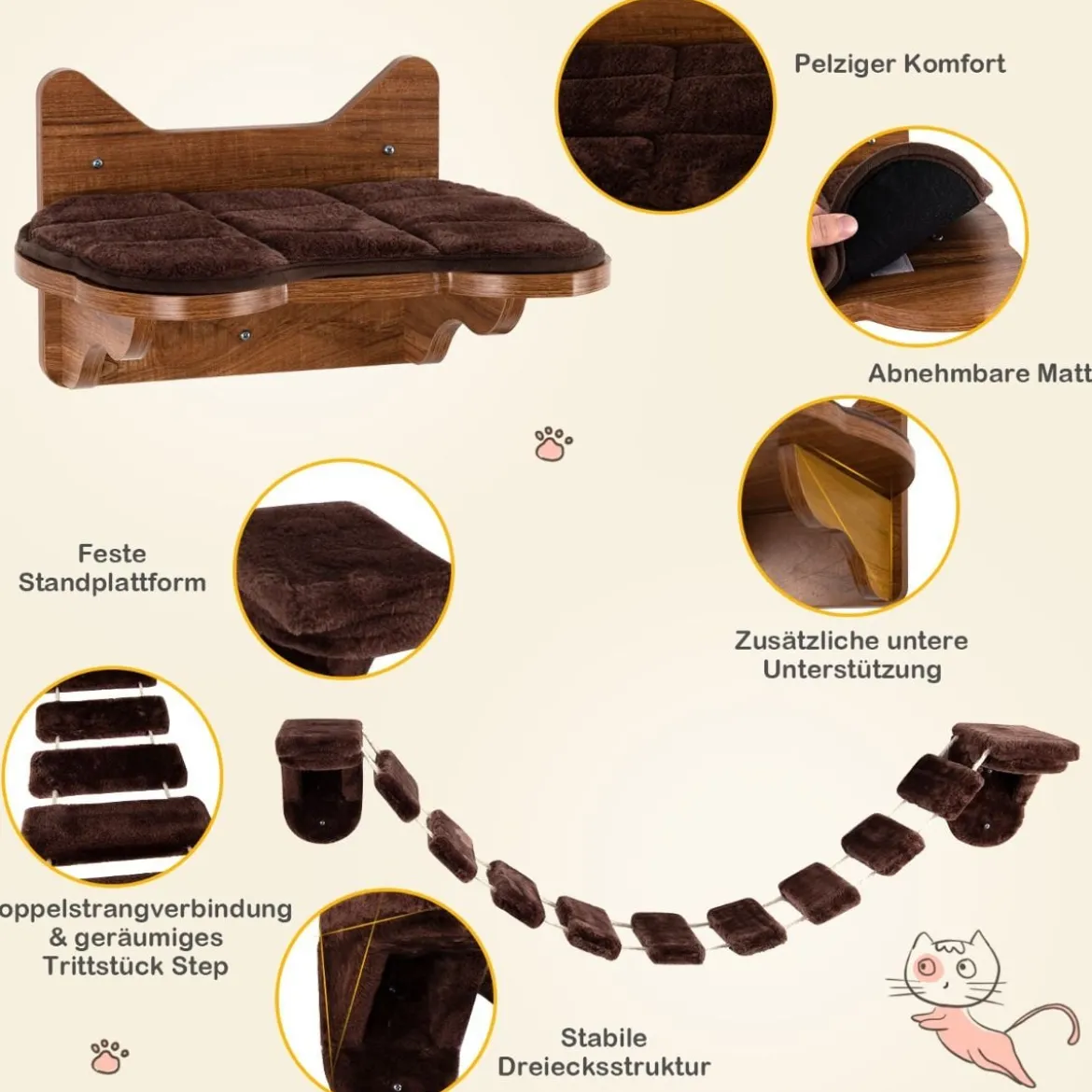 Wandmontierbares Katzen-Klettergerüst hölzernes Katzenbett Katzenbrücke Braun
