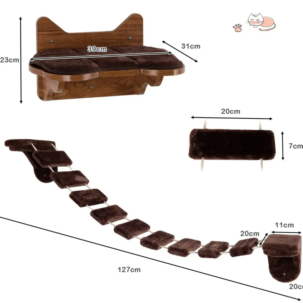 Wandmontierbares Katzen-Klettergerüst hölzernes Katzenbett Katzenbrücke Braun