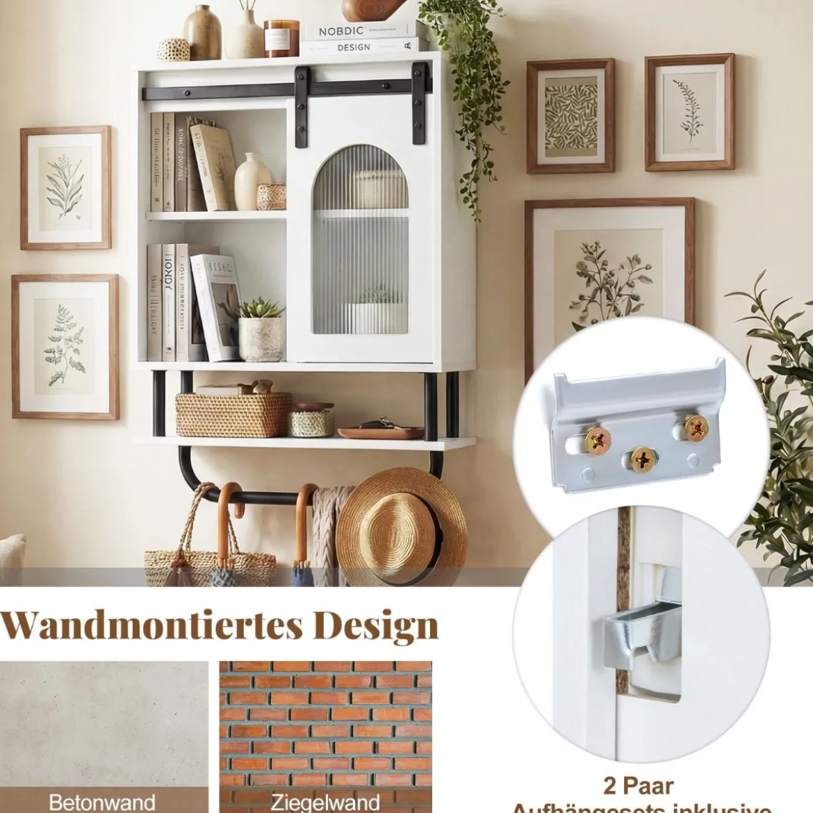 Wandmontierter Badschrank mit Handtuchhalter & Offener Ablage Hängeschrank Weiß