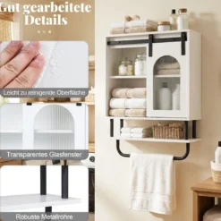 Wandmontierter Badschrank mit Handtuchhalter & Offener Ablage Hängeschrank Weiß