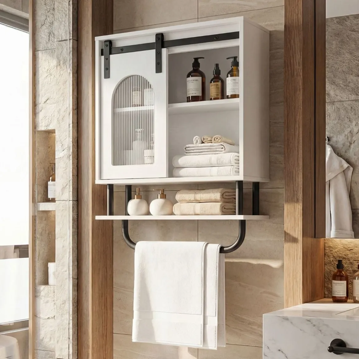 Wandmontierter Badschrank mit Handtuchhalter & Offener Ablage Hängeschrank Weiß