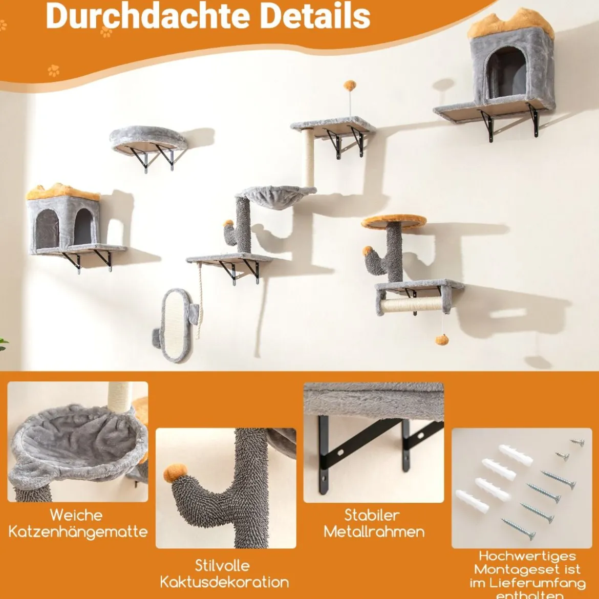 Wandmontierter Katzenturm-Set Platzsparendes Kratzbaum-Set mit 2-stufiger Plattform Grau