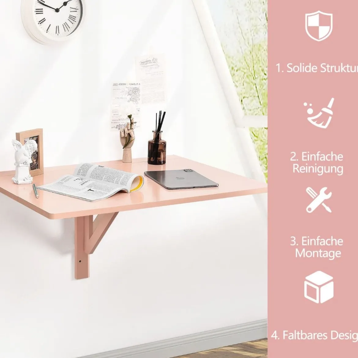 Wandmontierter Klapptisch Klapptisch für kleine Räume 80 x 60 cm Rosa