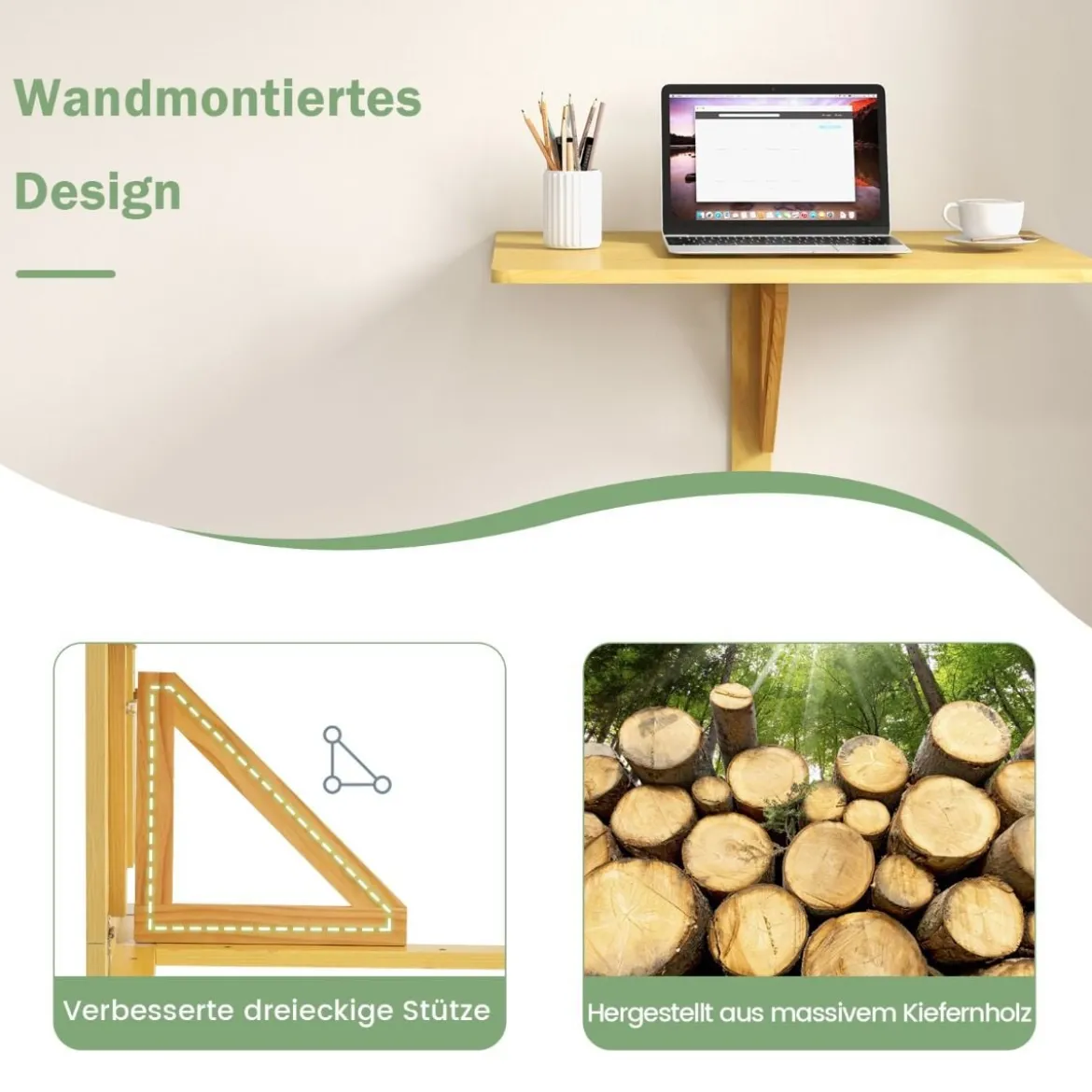 Wandmontierter Klapptisch platzsparender herunterklappbarer Laptop-Arbeitsplatz 80 cm x 60 cm Natur