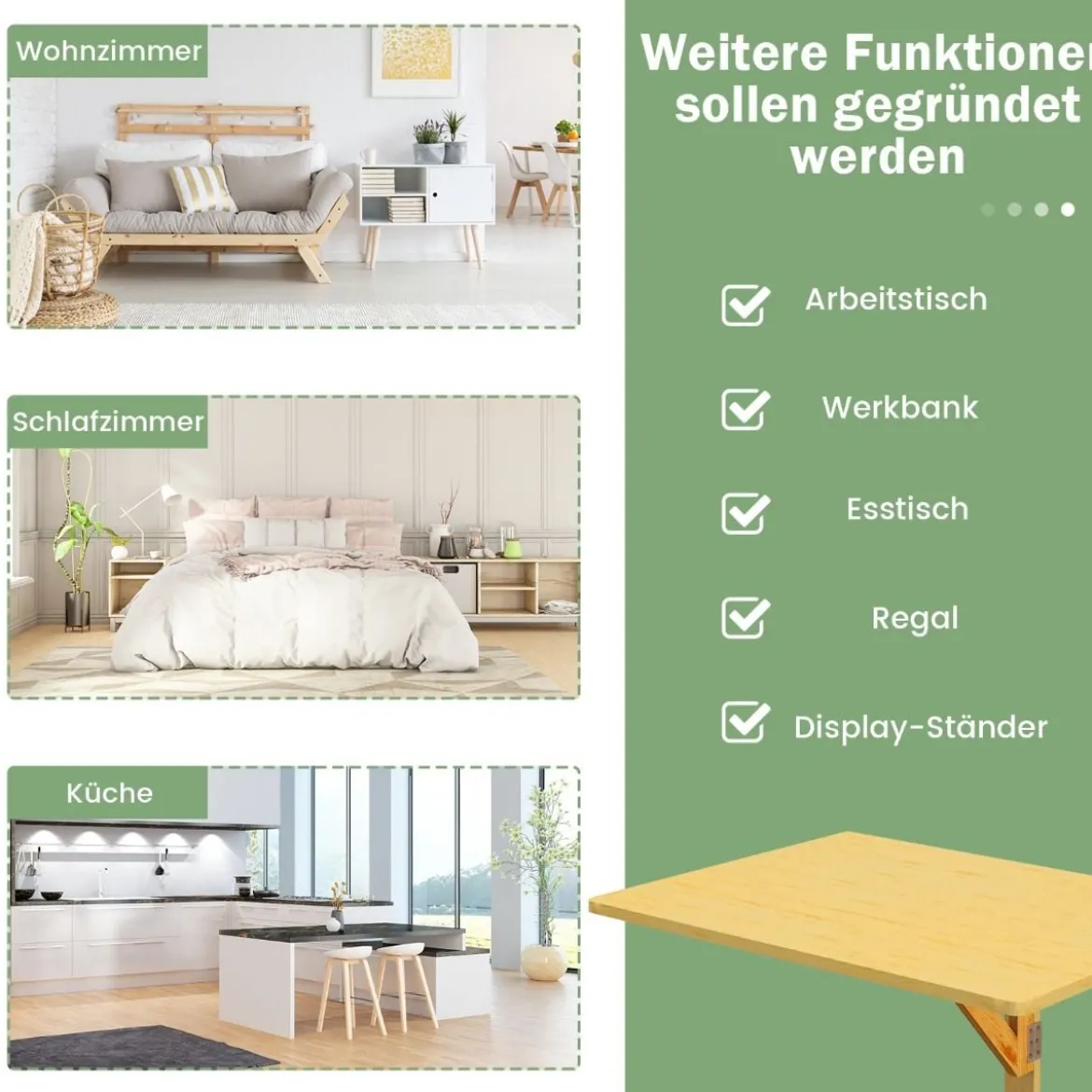 Wandmontierter Klapptisch platzsparender herunterklappbarer Laptop-Arbeitsplatz 80 cm x 60 cm Natur