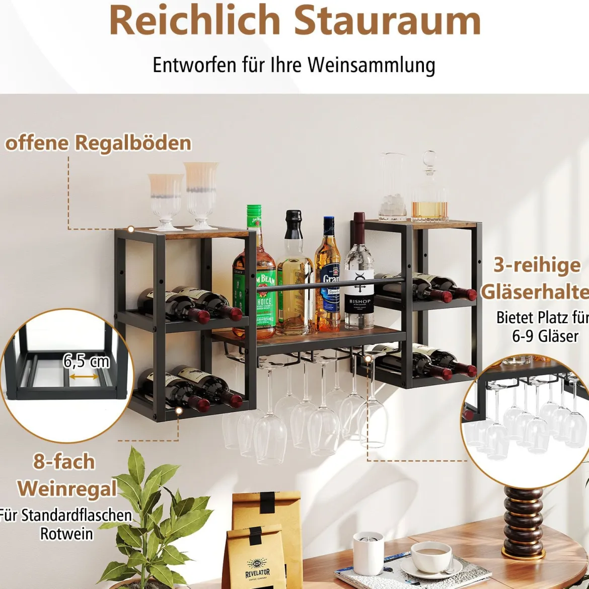 Wandmontiertes Weinregal mit Glashalter Schwerlast-Metallrahmen 8-Flaschen-Halter mit offenem Regal Rustikales Braun